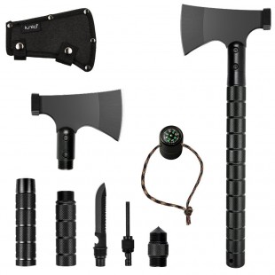 IUNIO Camping Axe Multi-Tool Hatchet Survival Kit 17 inch Folding Portable Camp Ax for Outdoor Hiking Backpacking Hunting Emergency (Black with Bag) 